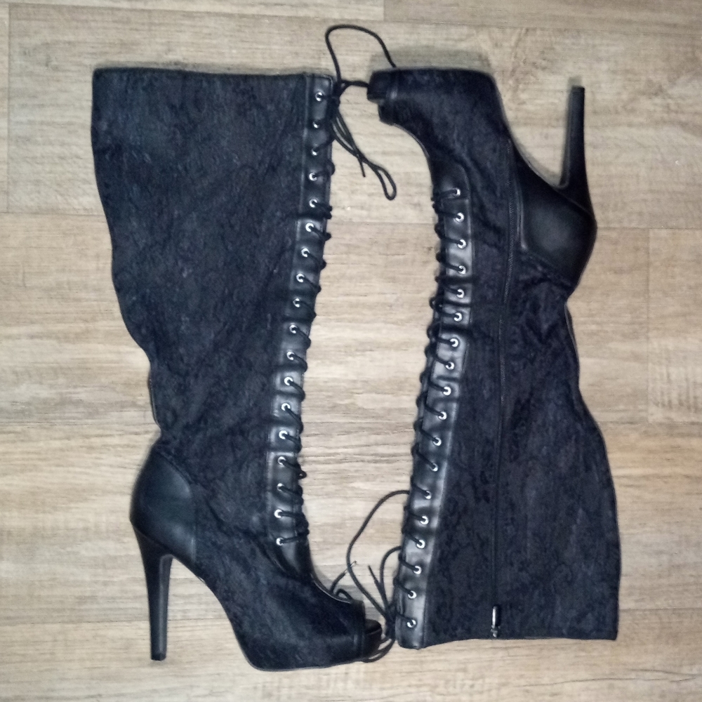 Torrid Lace Over the Knee Boot Wide Width Wide Calf Lace Up Sexy Black Peep Toe